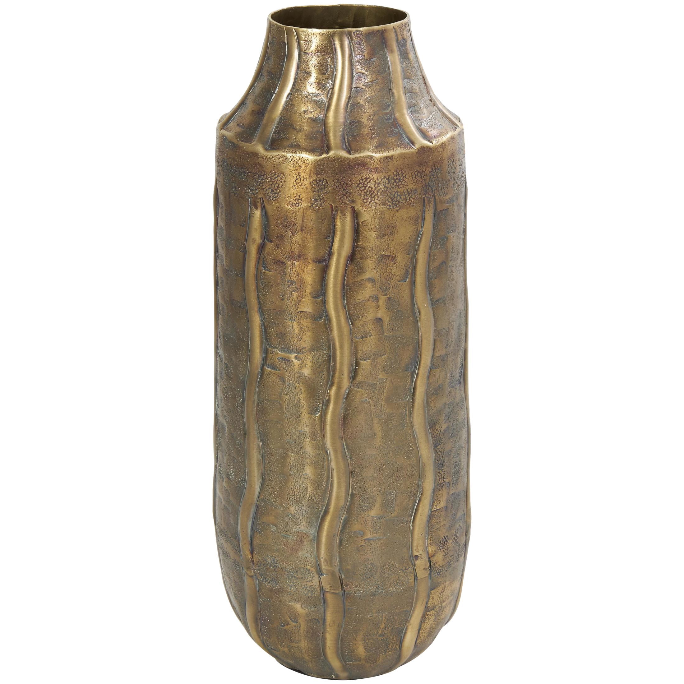 DecMode 14" Snakeskin Inspired Brass Metal Vase with Dimensional Wavy Accents