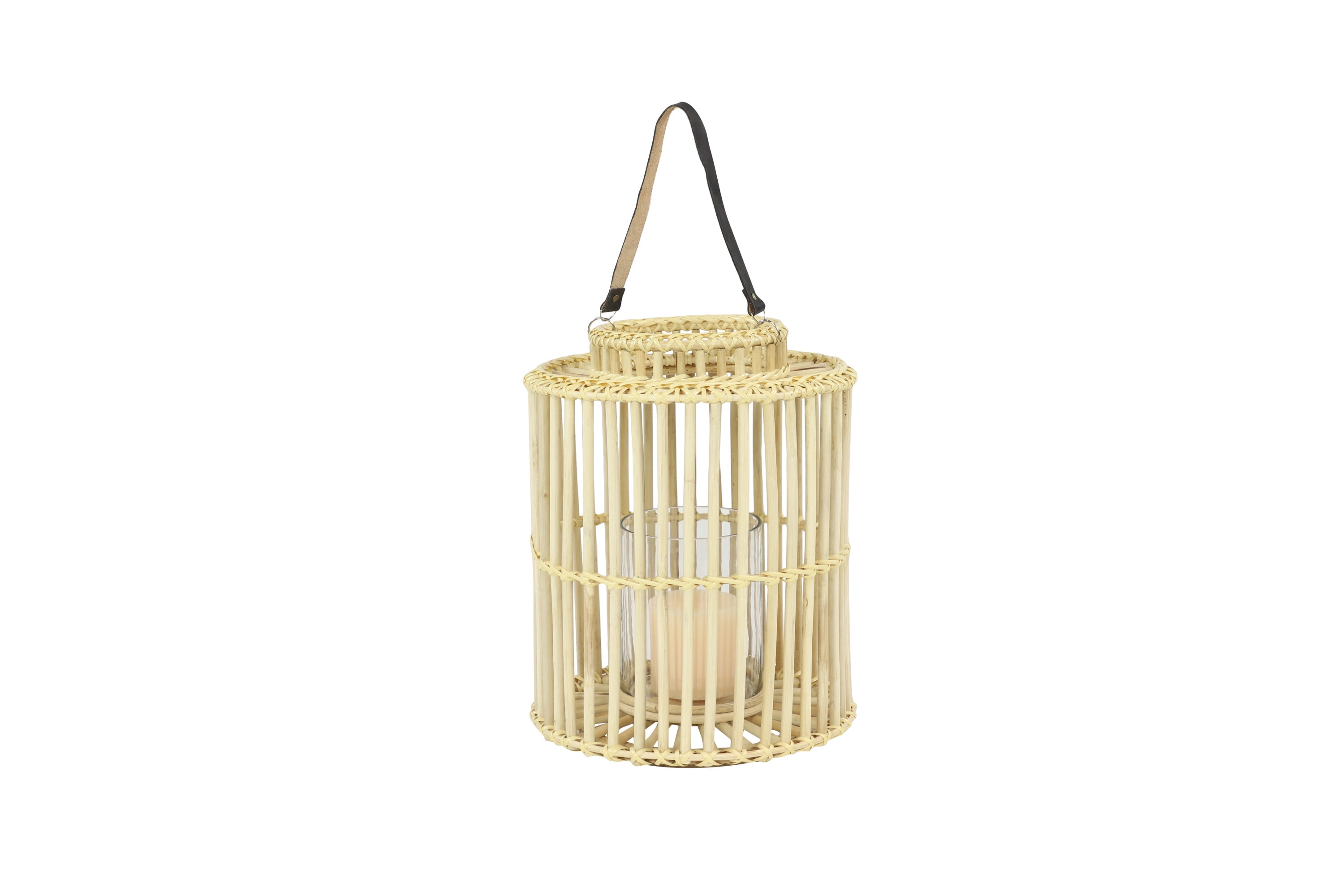 Coastal Charm Rattan and Leather Hanging Candle Lantern, 14" x 18"