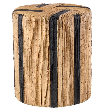 DecMode 14" x 16" Brown Banana Leaf Handmade Linear Wrapped Drum Accent Table with Black Stripes, 1-Piece