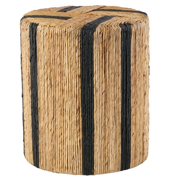 DecMode 14" x 16" Brown Banana Leaf Handmade Linear Wrapped Drum Accent Table with Navy Stripes, 1-Piece