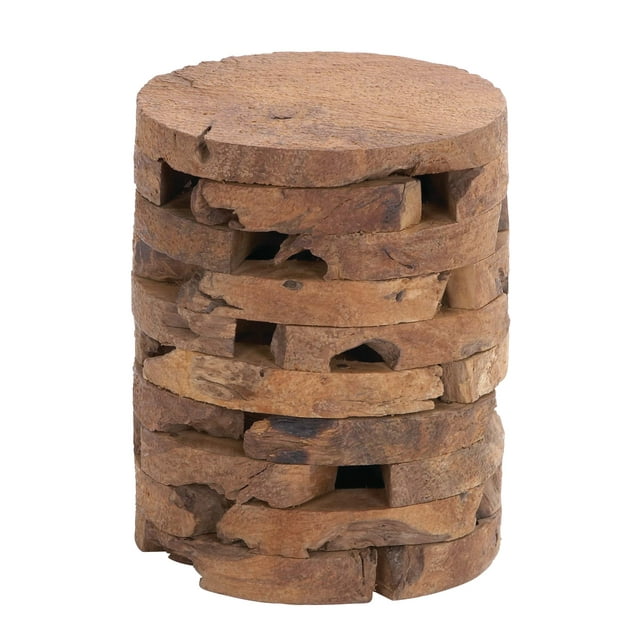 DecMode 14" x 18" Brown Teak Wood Handmade Live Edge Accent Table with Brick Inspired Design, 1-Piece