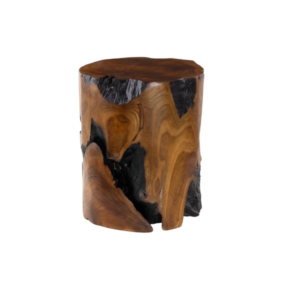 DecMode Teak Wood Handmade Live Edge Stump Stool with Charred Details, Brown