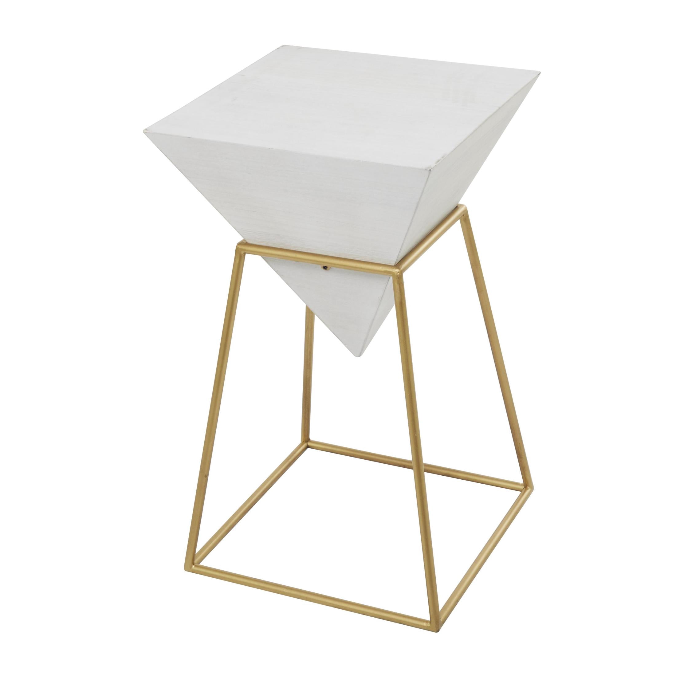 DecMode 14" x 24" White Wood Inverted Pyramid Geometric Accent Table with Gold Metal Stand, 1-Piece