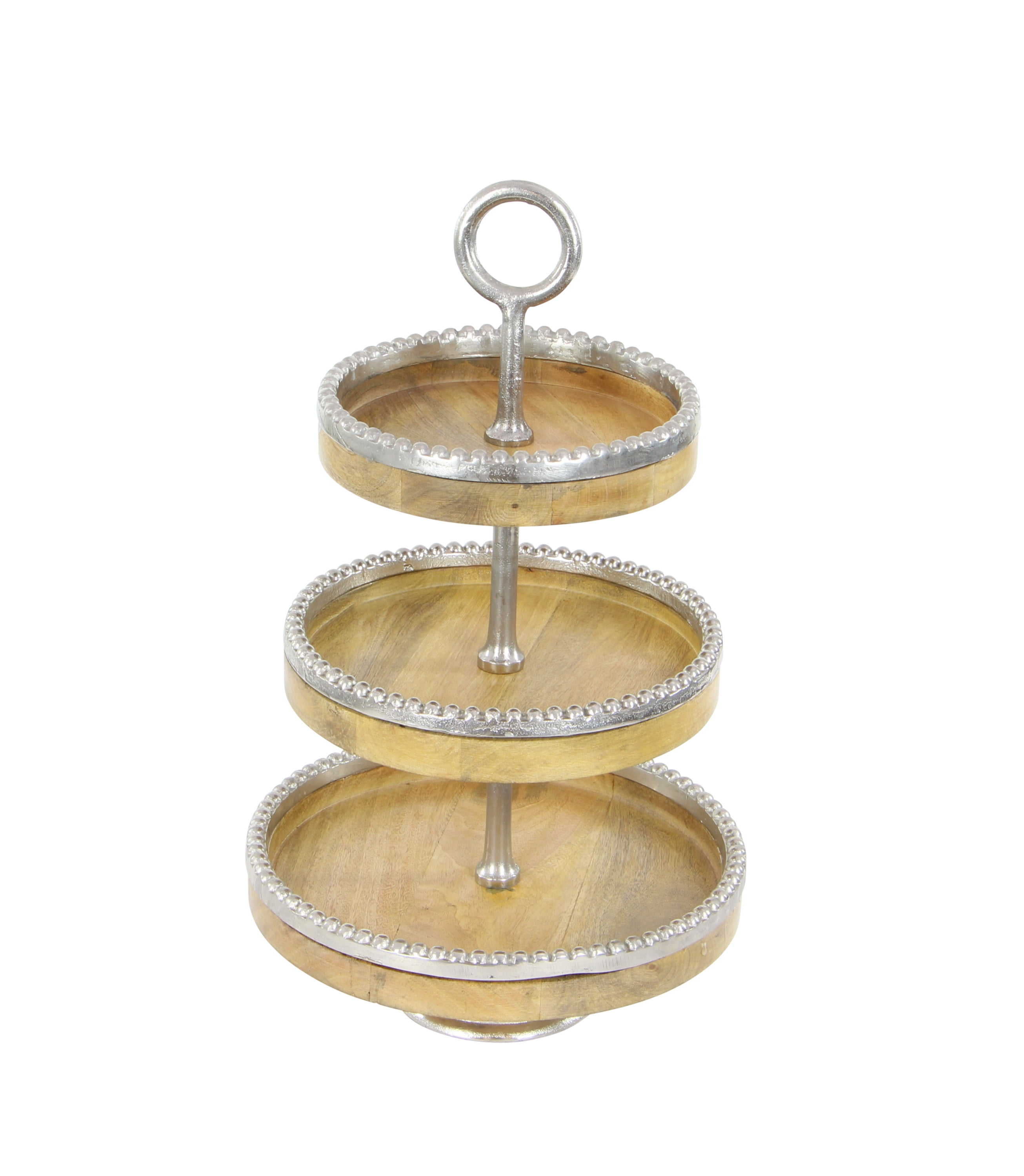 Elegant 14" Round Mango Wood & Silver Aluminum 3-Tier Tray Stand