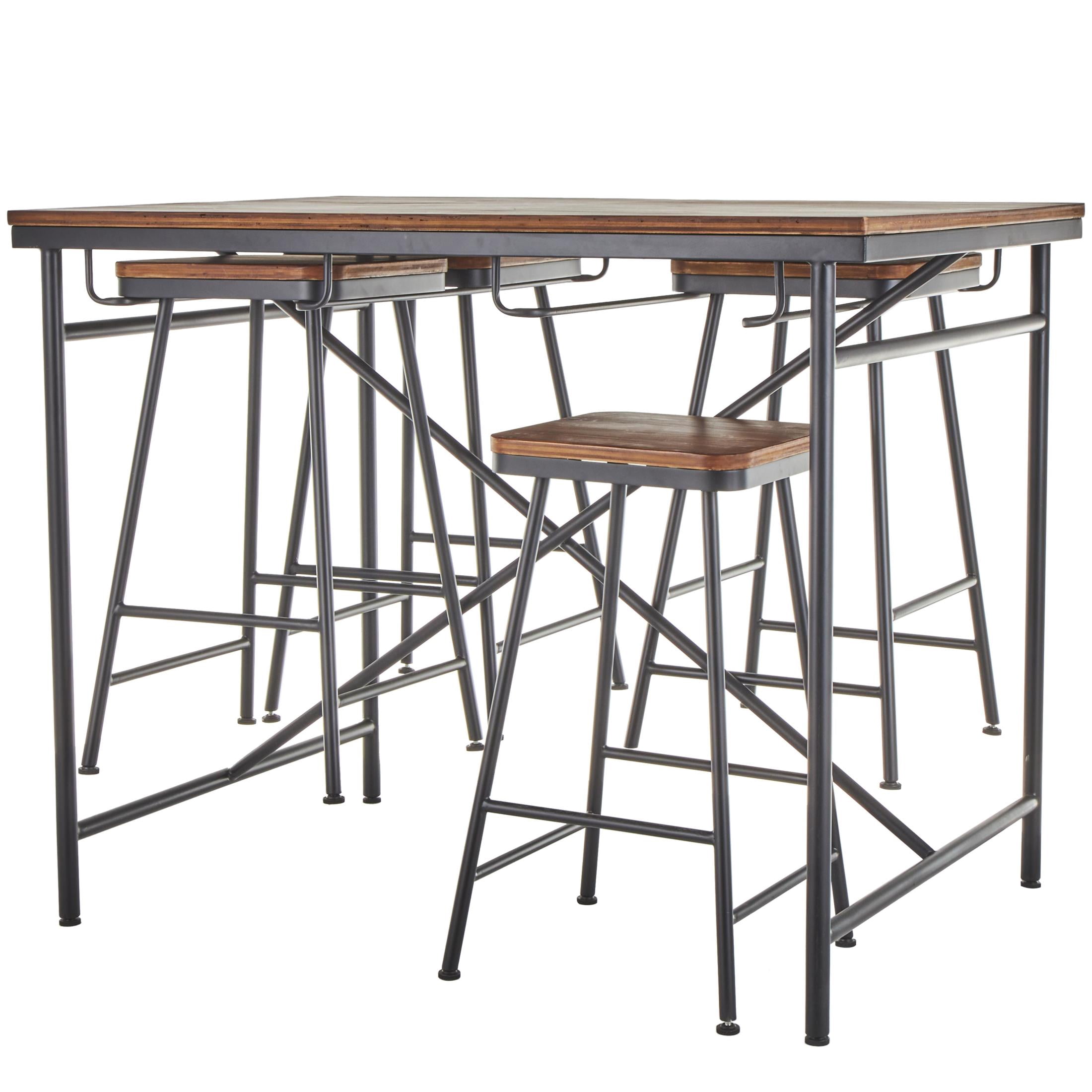 DecMode 14" x 27" Black Metal Compact Suspended Storage Dining Table with Brown Wood Tabletop and 4 Stools, 5-Pieces