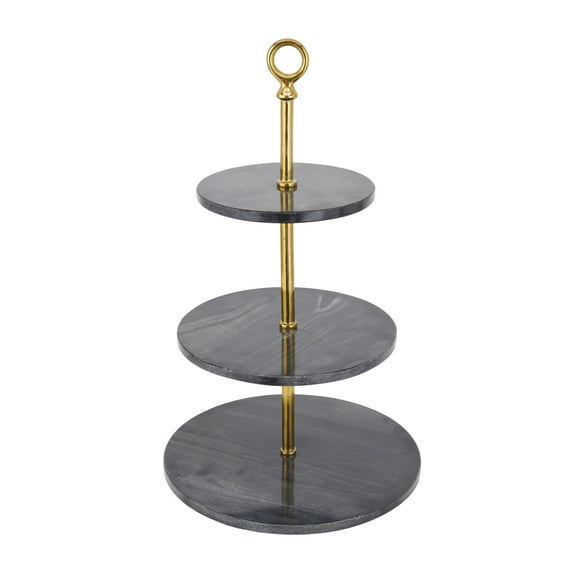 DecMode 14" x 27" Gray Marble 3 Tiered Server with Gold Post, 1-Piece