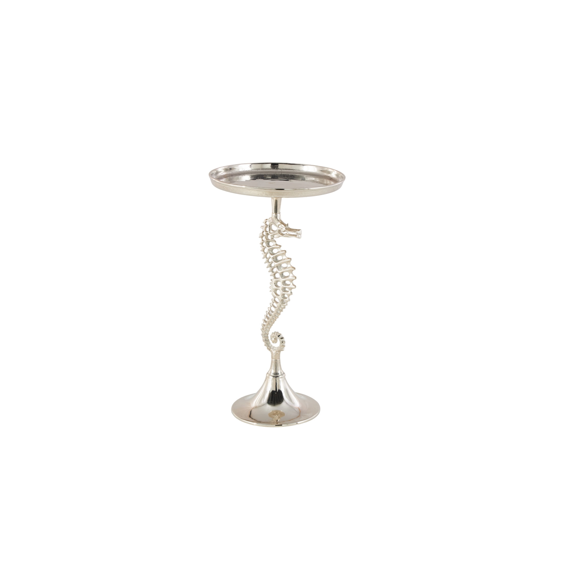DecMode 14" x 27" Silver Aluminum Metal Pedestal Sea Horse Accent Table with Tray Top, 1-Piece