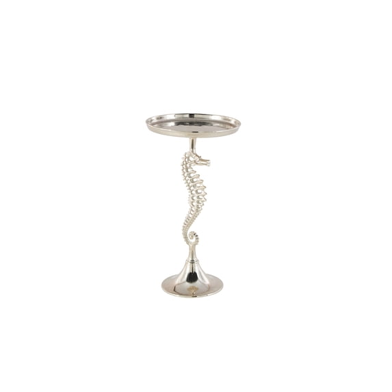DecMode 14" x 27" Silver Aluminum Metal Pedestal Sea Horse Accent Table with Tray Top, 1-Piece
