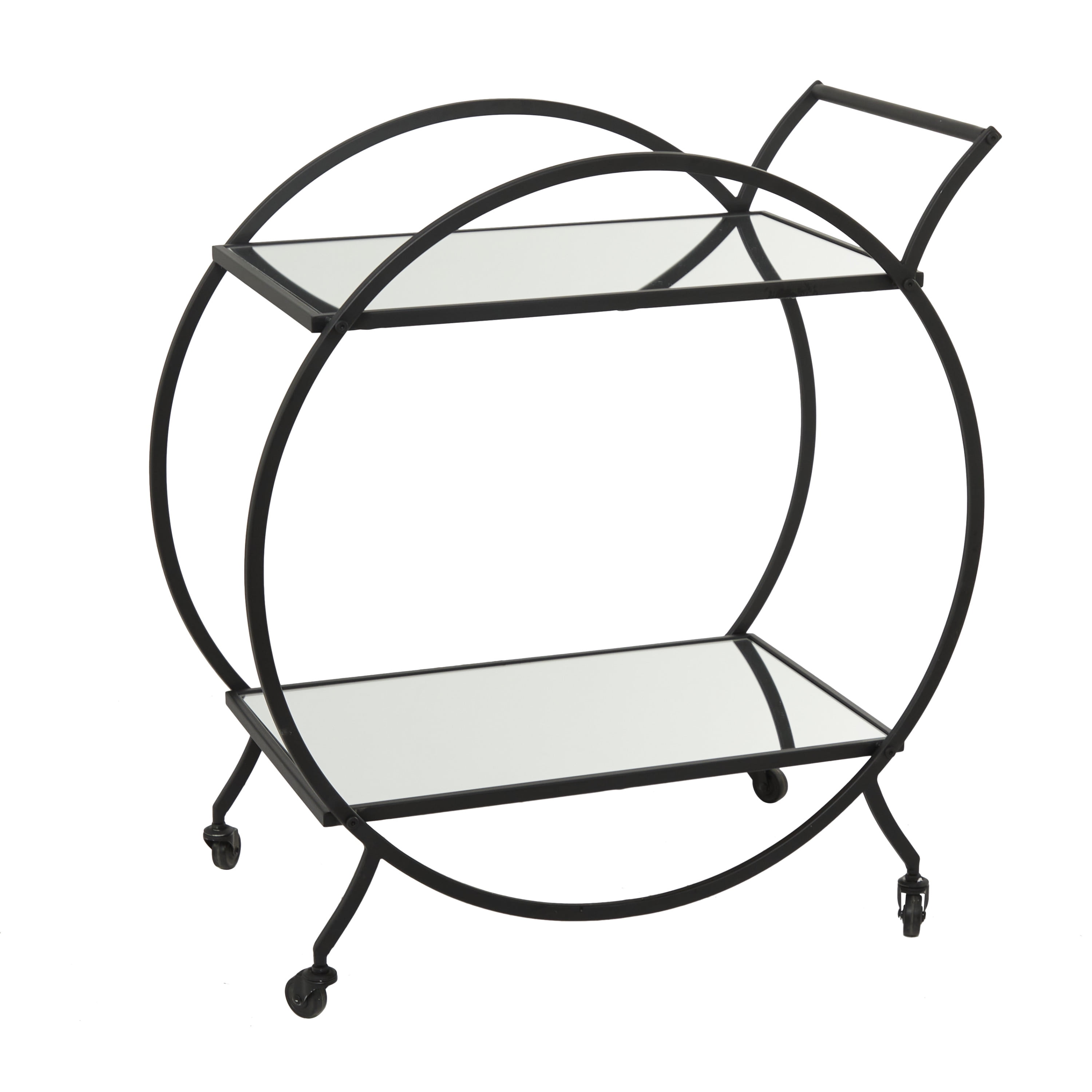 DecMode 14" x 30" Black Metal Rolling 2 Mirrored Shelves Bar Cart with Wheels and Handle, 1-Piece