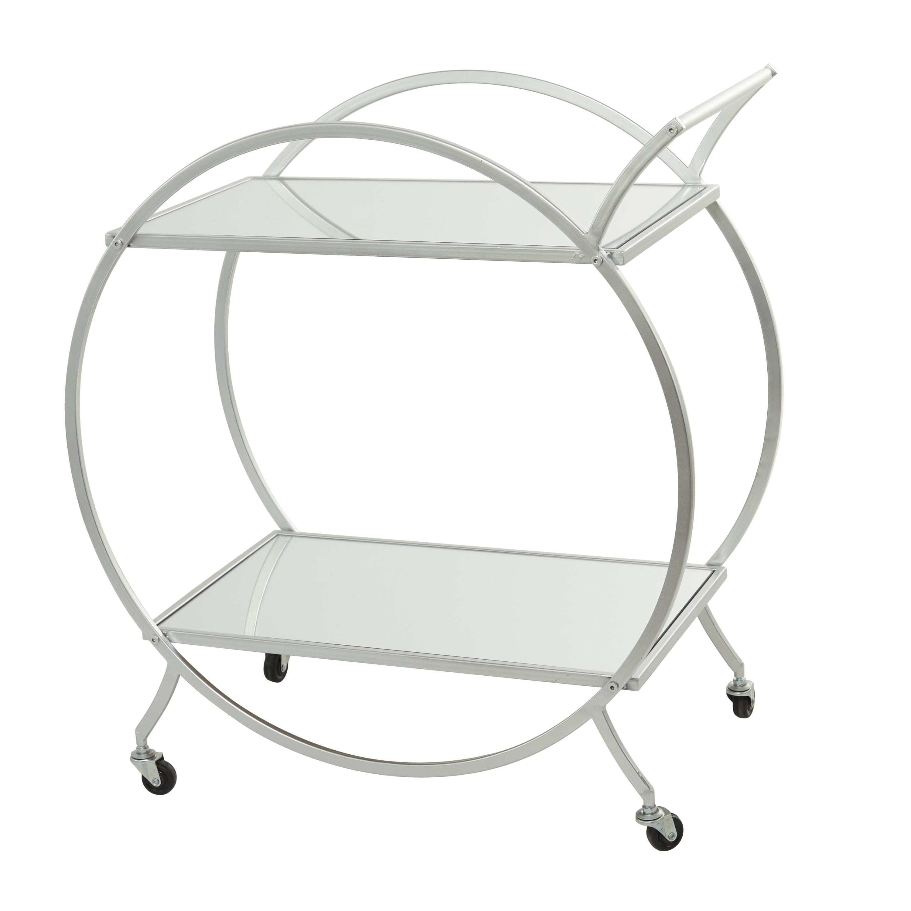 DecMode 14" x 30" Silver Metal Rolling 2 Mirrored Shelves Bar Cart with Wheels and Handle, 1-Piece