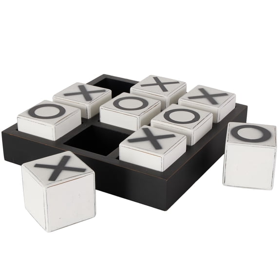 DecMode 14" x 4" Black Wooden Tic Tac Toe Game Set with White Block Pieces, 1-Piece