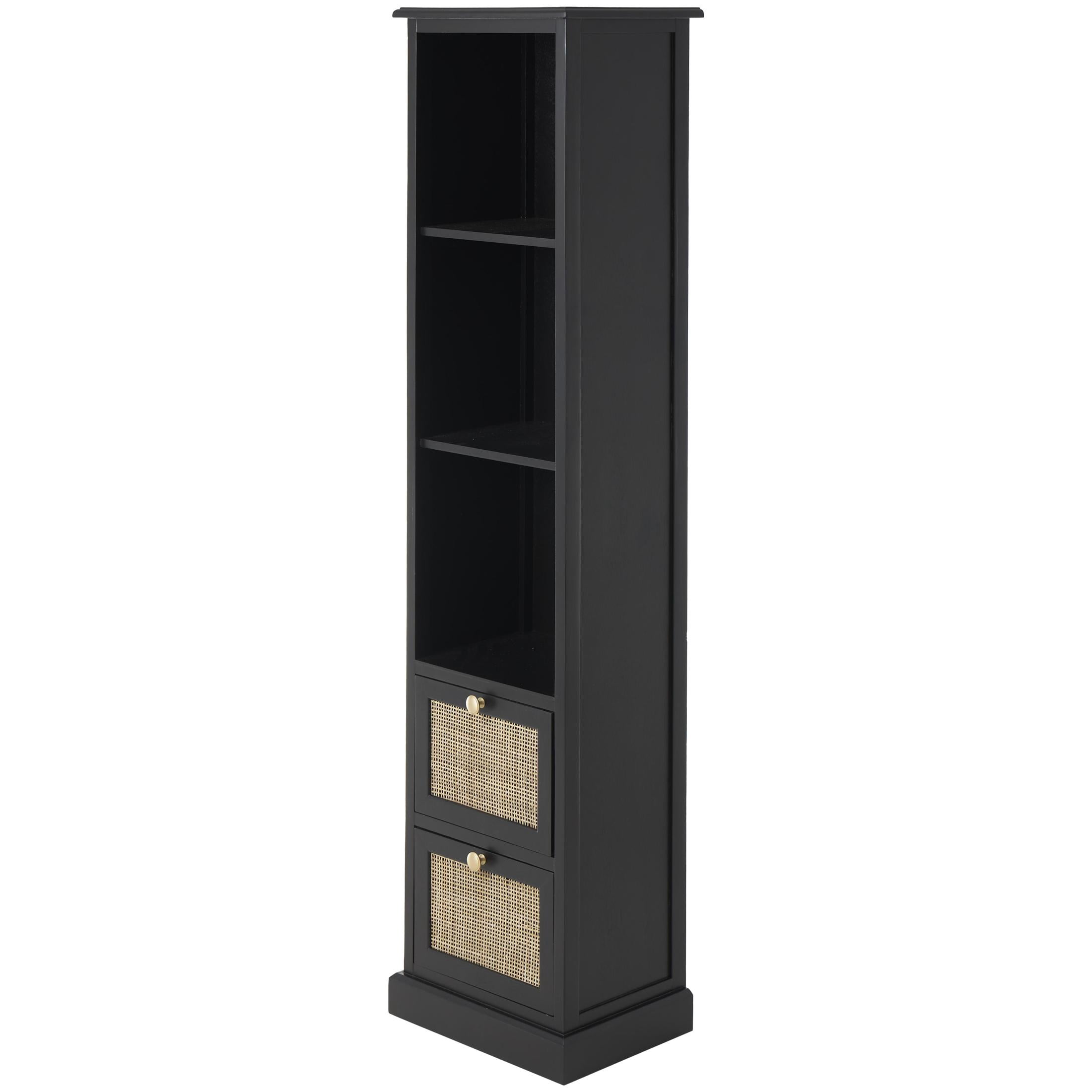 DecMode 14" x 58" Black Wood 2 Drawer and 3 Shelf Cabinet with Rattan Front, 1-Piece