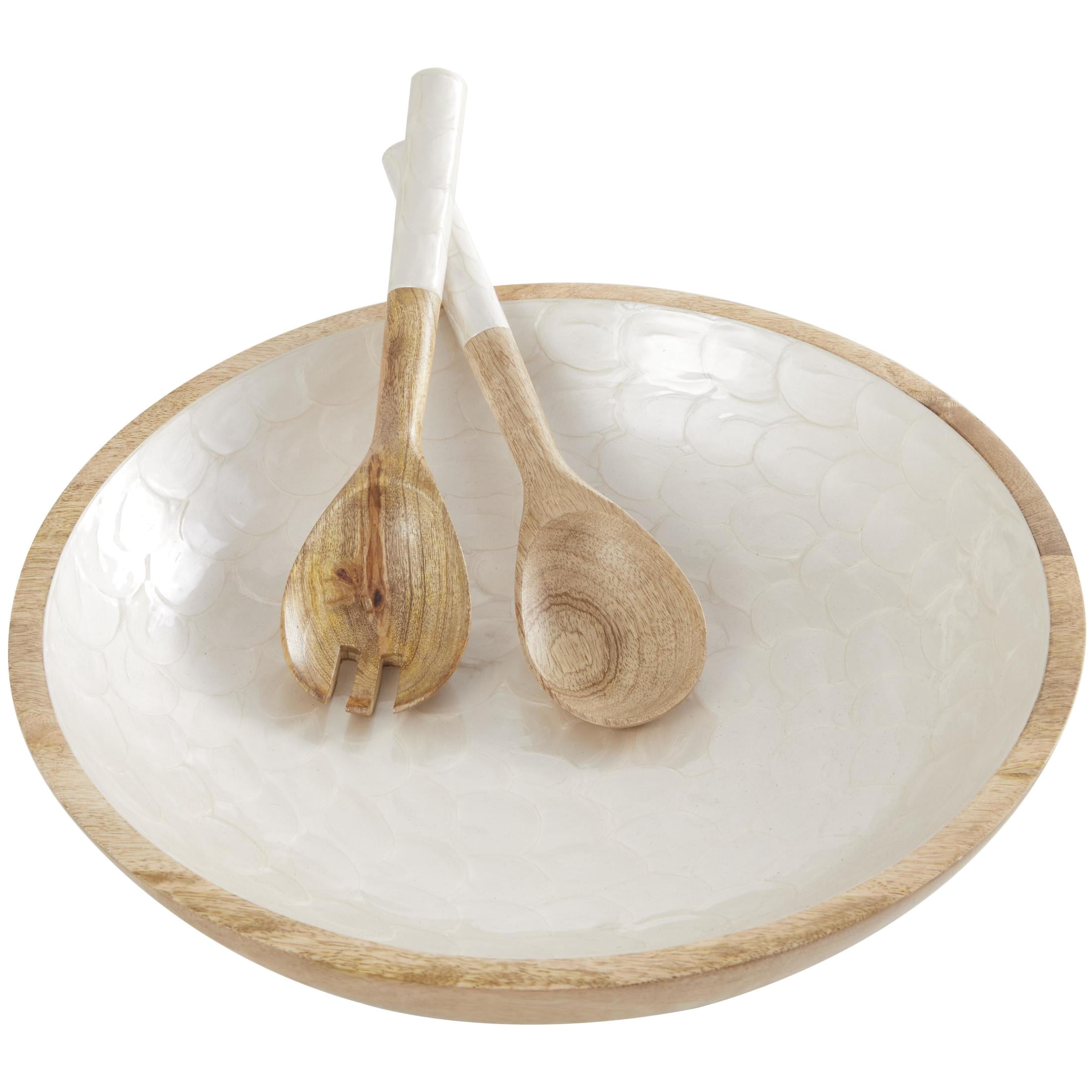 DecMode 15", 11", 11"W Handmade Round Utensils Cream Mango Wood Decorative Bowl with White Interior, Set of 3