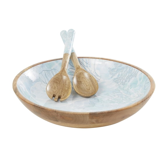 DecMode 15", 11", 11"W Handmade Round Light Blue Mango Wood Decorative Bowl with Matching Salad Serving Utensils, Set of 3
