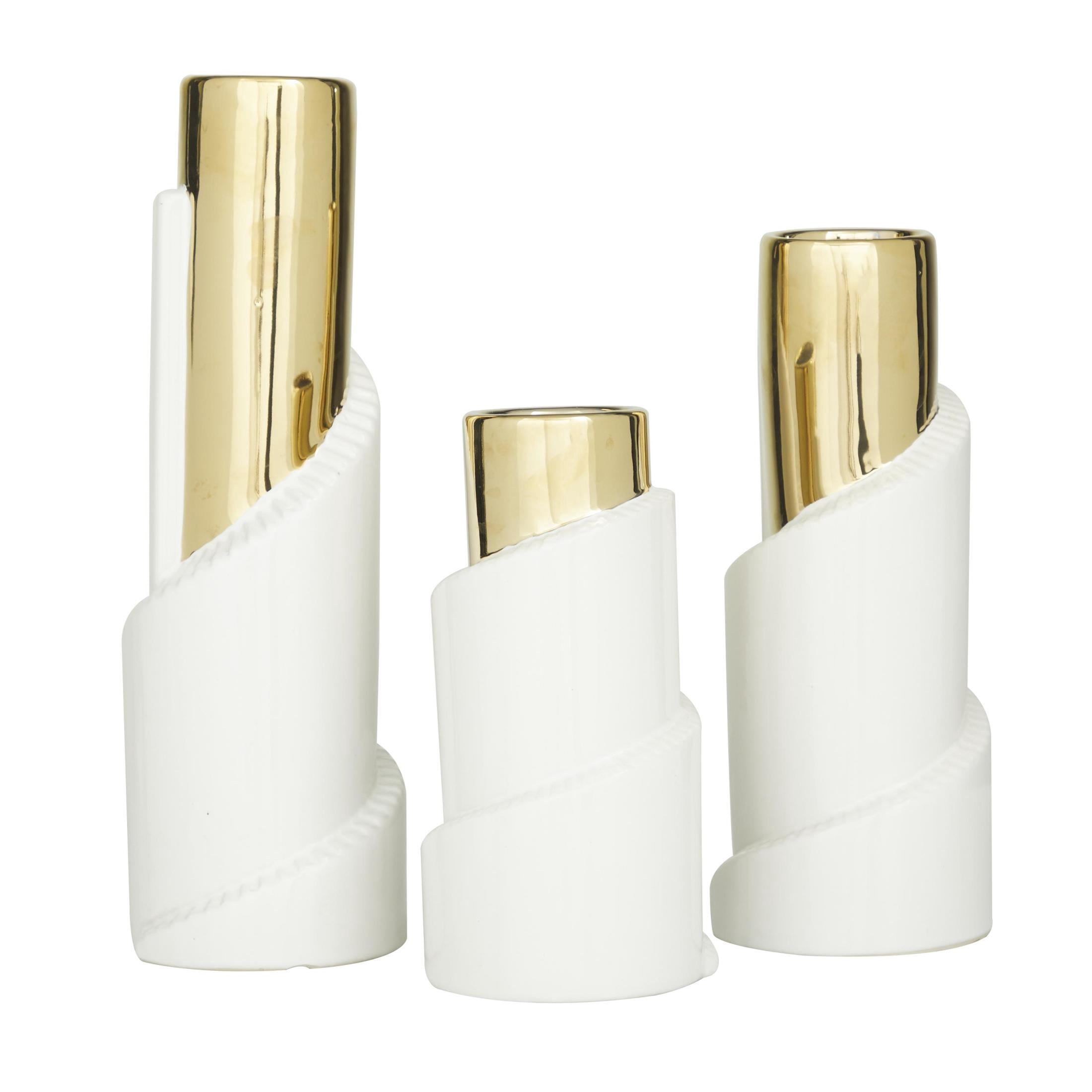DecMode 15", 12", 9"H Spiral Gold Ceramic Vase with Gold Accents, Set of 3