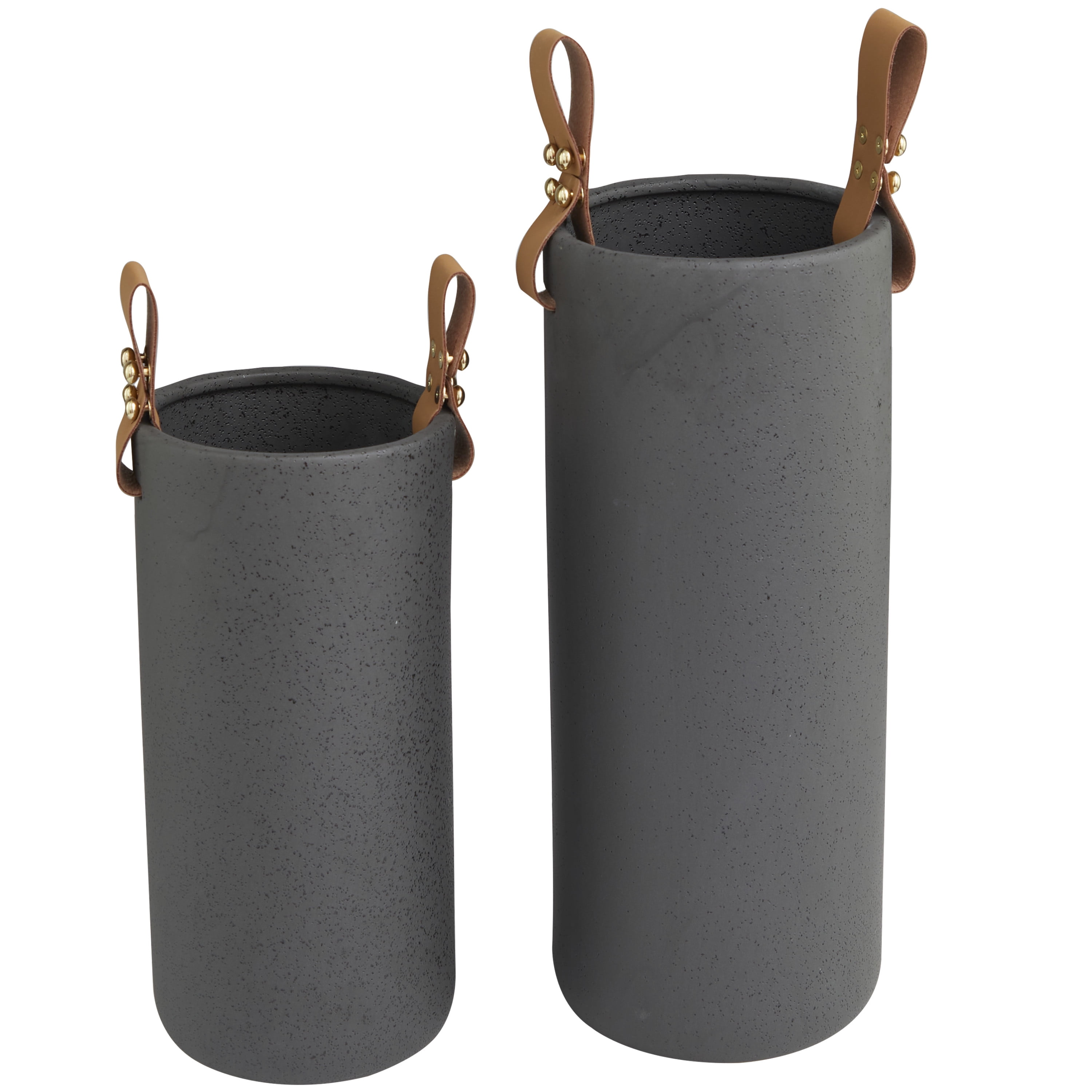 DecMode 15", 12"H Black Ceramic Vase with Leather Handles, Set of 2