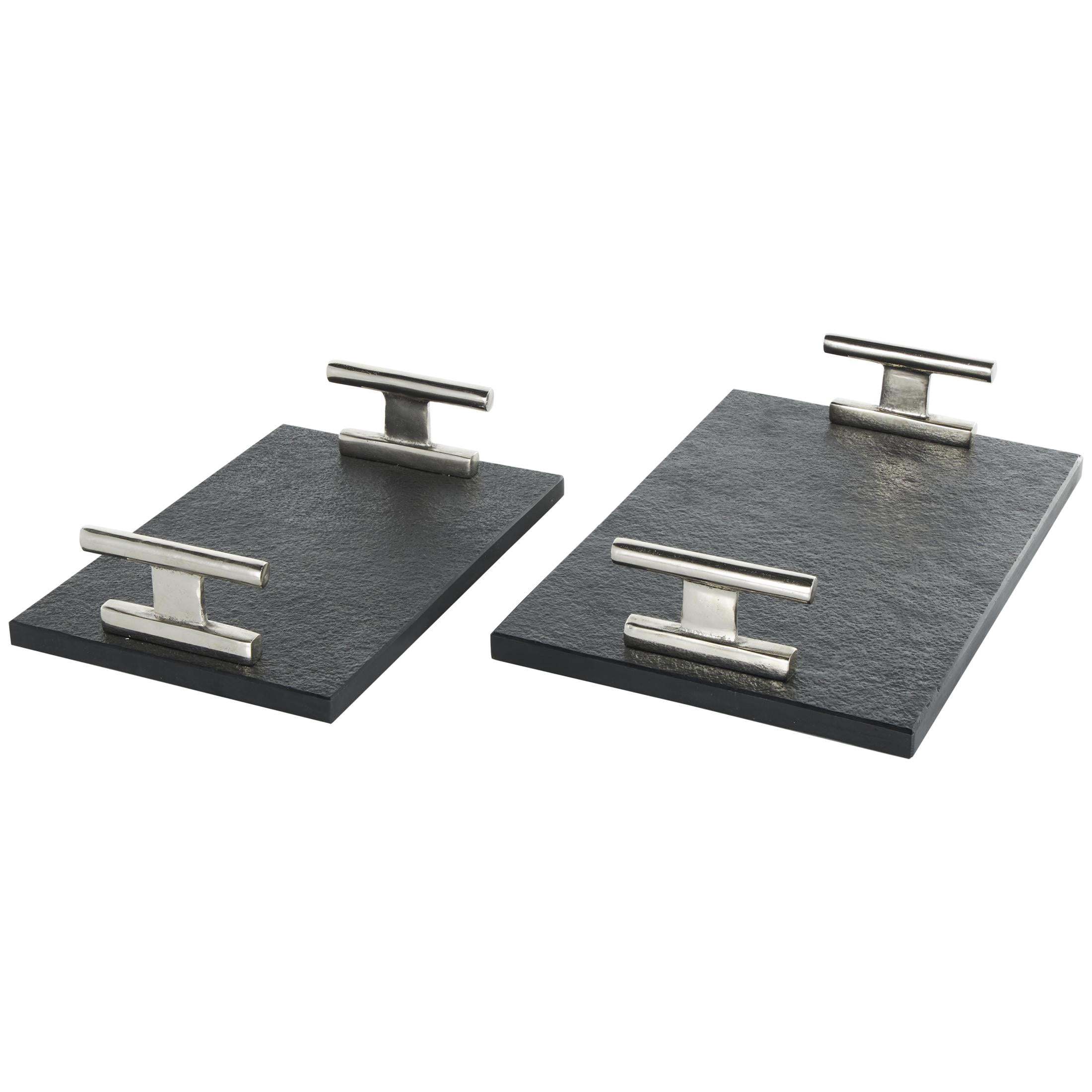 DecMode 15", 12"W Black Marble Textured Tray with Silver Handles, 2-Pieces