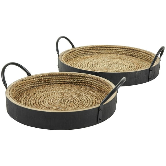 DecMode 15", 12"W Black Wooden Coiled Oval Tray with Black Metal Handles, 2-Pieces
