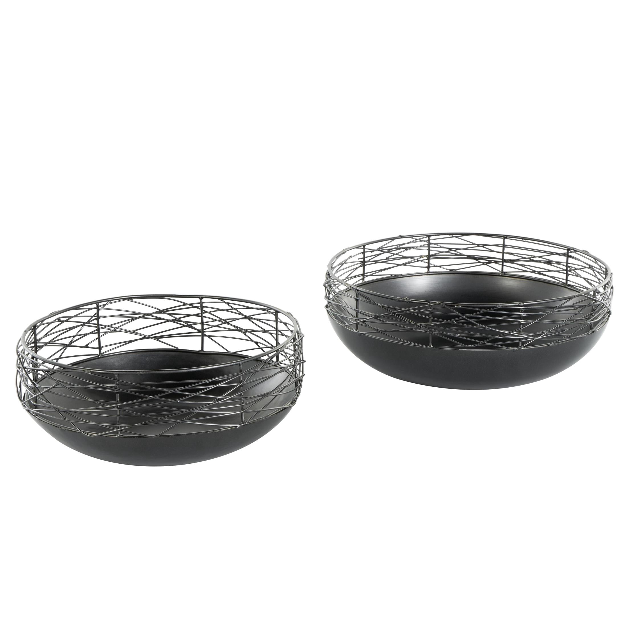 DecMode 15", 12"W Round Intertwined Wire Abstract Black Metal Decorative Bowl with Solid Matte Base, Set of 2