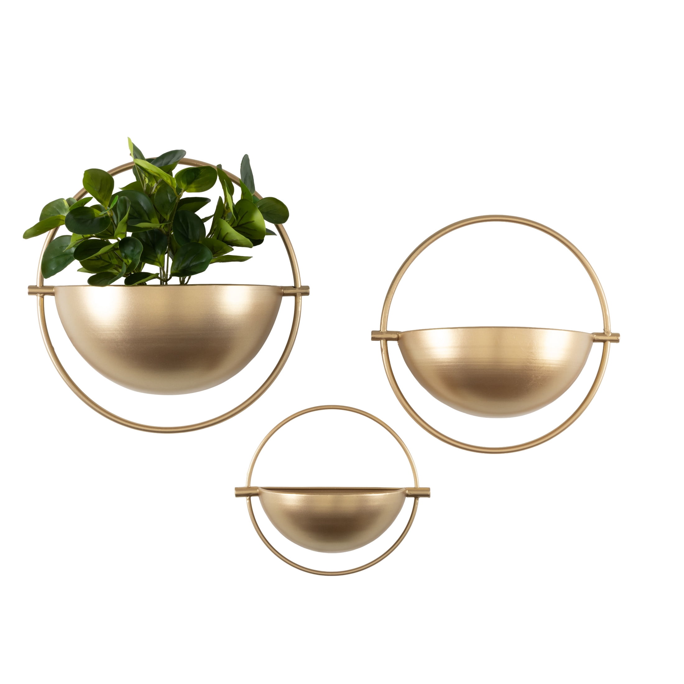 DecMode 15", 13", 10"H Round Gold Metal Geometric Wall Planter (3 Count)