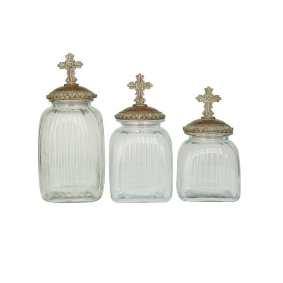 DecMode 15", 13", 11"H Clear Glass Biblical Decorative Jars with Cross Lids, 3-Pieces