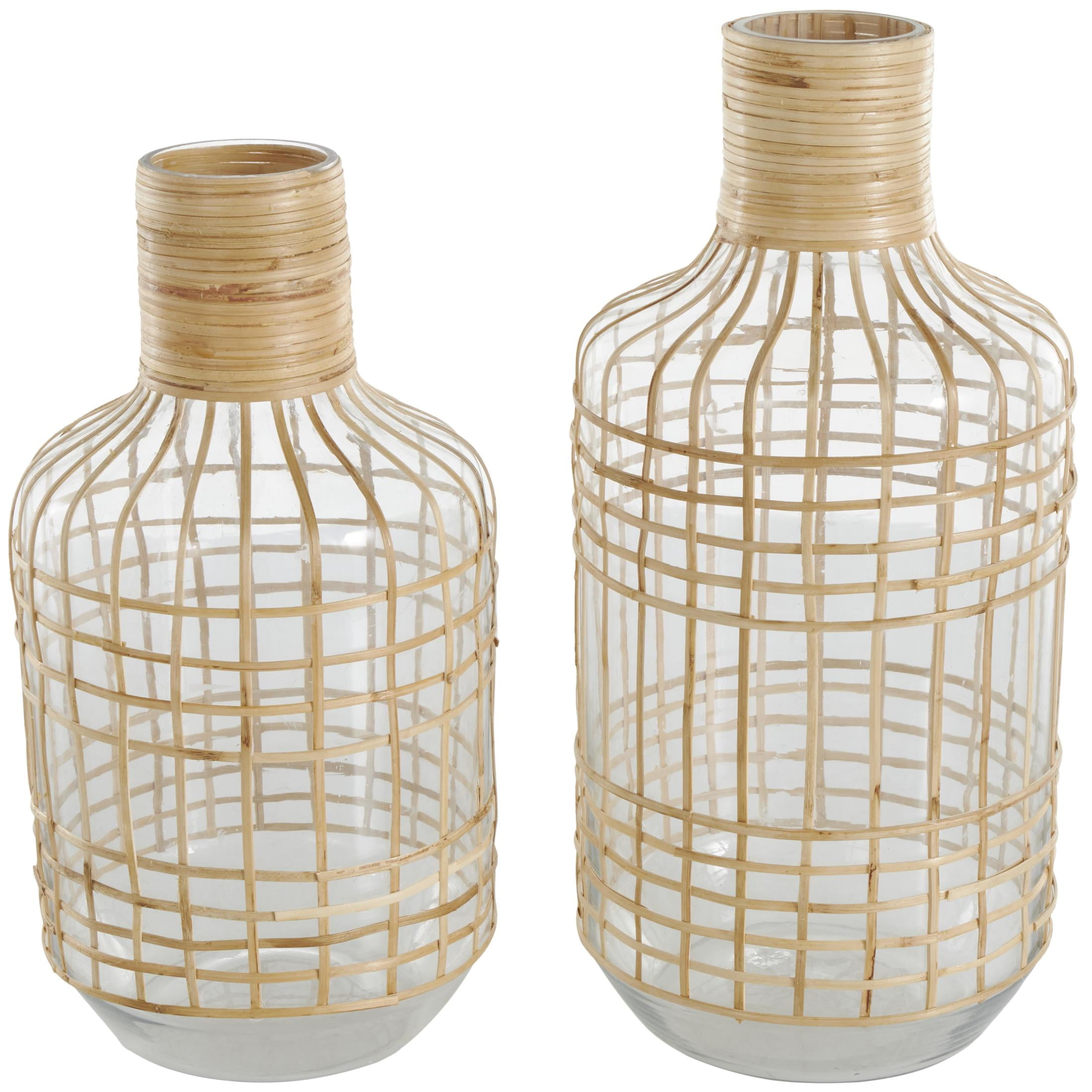 DecMode 15", 13"H Handmade Rattan Wrapped Glass Vase, Set of 2