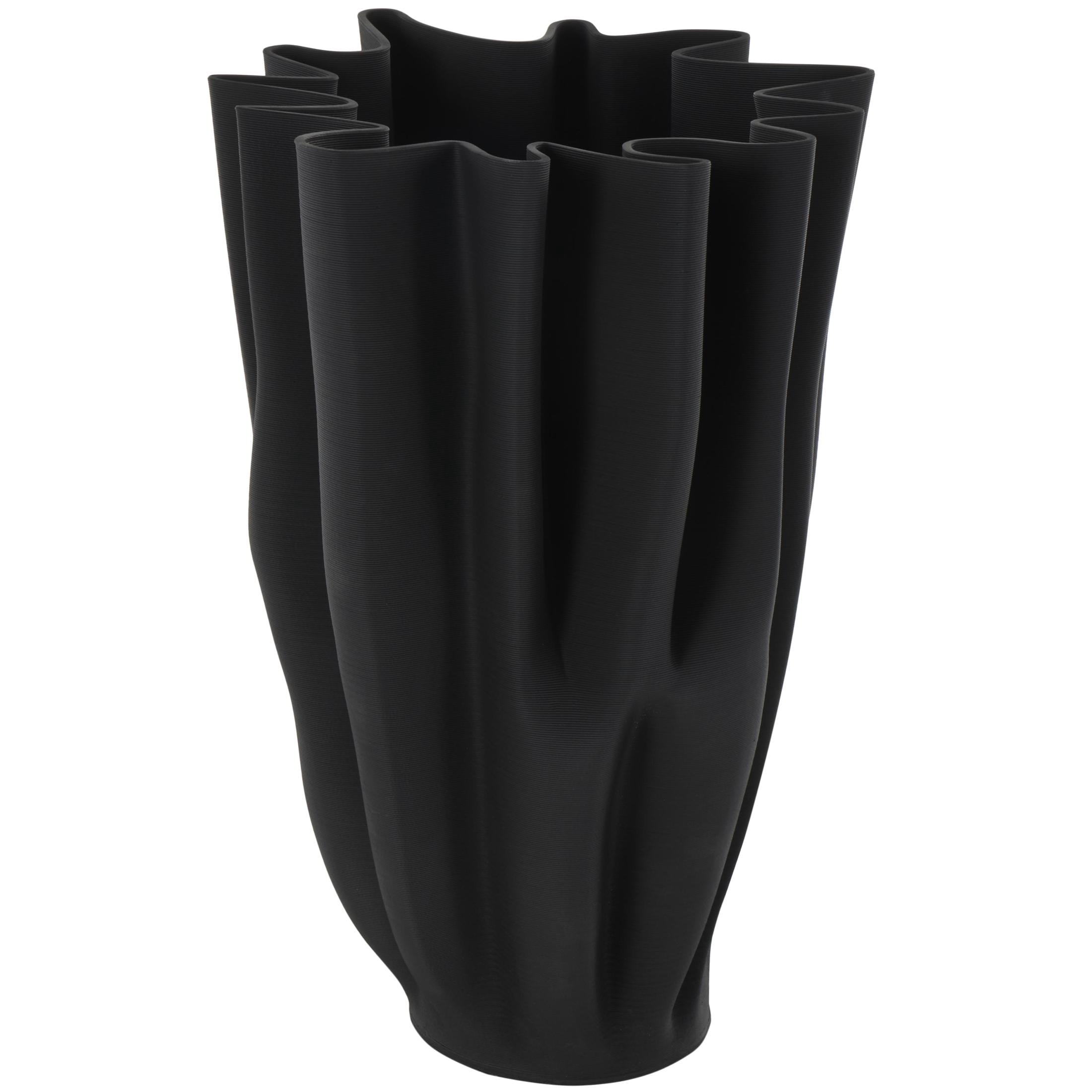 DecMode 15" Abstract Dimensional Ribbed Tulip Black Ceramic Vase with Angular Rim