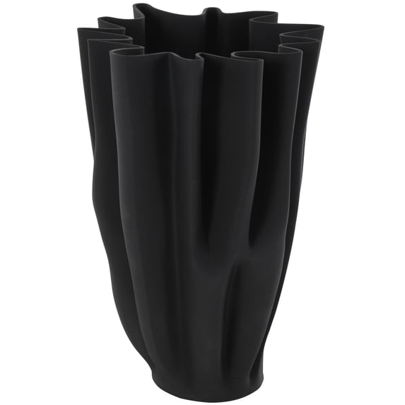 DecMode 15" Abstract Dimensional Ribbed Tulip Black Ceramic Vase with Angular Rim