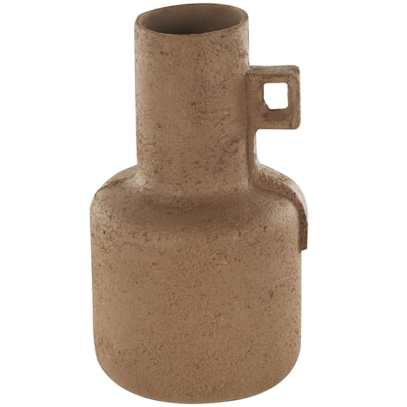 DecMode 15" Abstract Distressed Textured Brown Paper Mache Vase with Geometric Handle