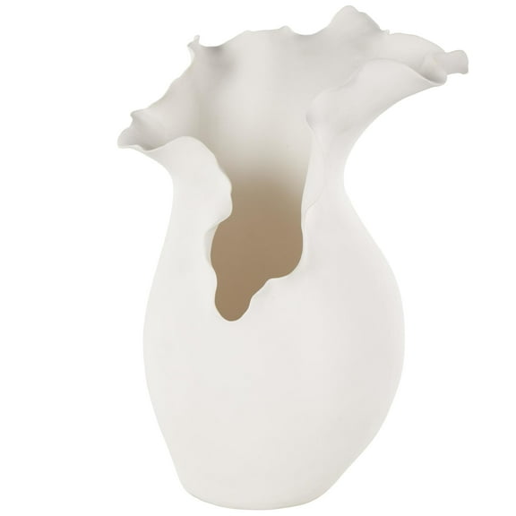 DecMode 15" Abstract Floral Inspired White Ceramic Vase with Wavy Folded Rim