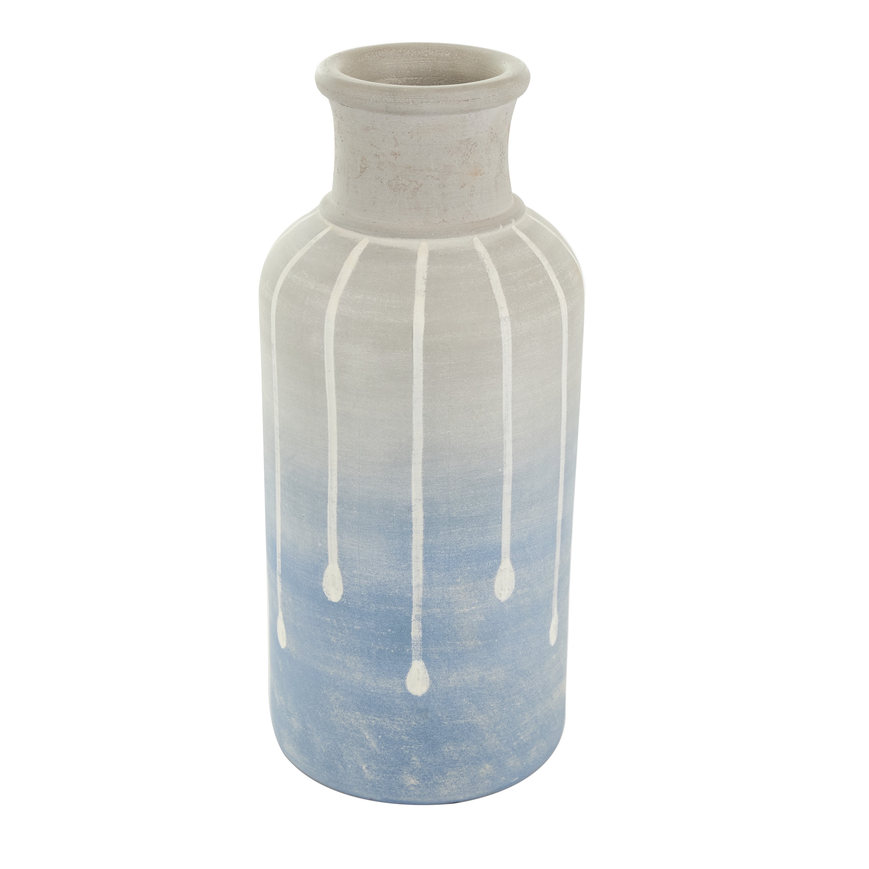 DecMode 15" Abstract Ombre Drip Blue Ceramic Vase with Gray and White Accents