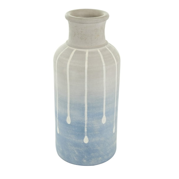 DecMode 15" Abstract Ombre Drip Blue Ceramic Vase with Gray and White Accents