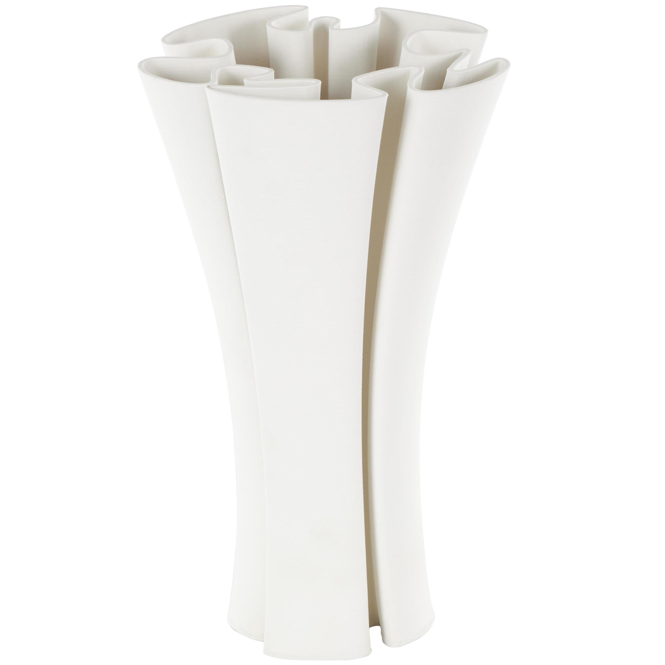 DecMode 15" Abstract Ribbed Dimensional Folded White Ceramic Vase with Curvy Rim