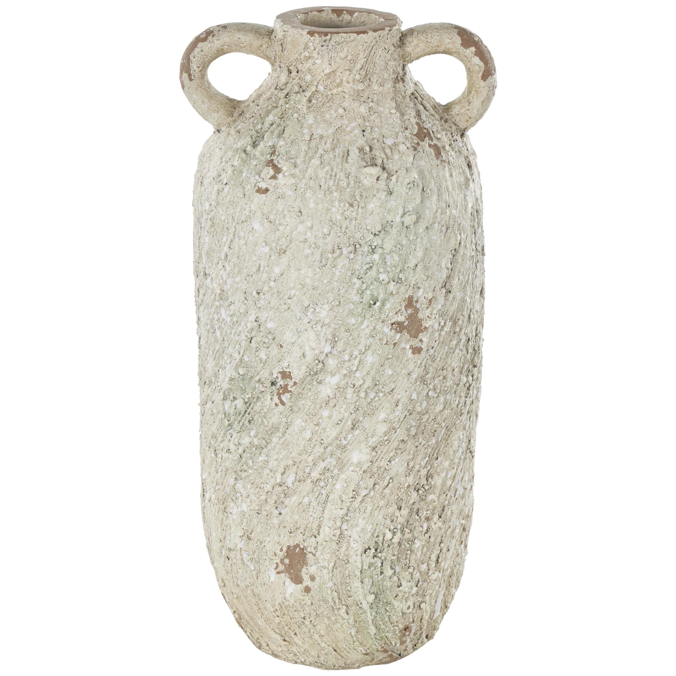 DecMode 15" Antique Textured Amphora Cream Magnesium Oxide Vase with 2 Small Handles