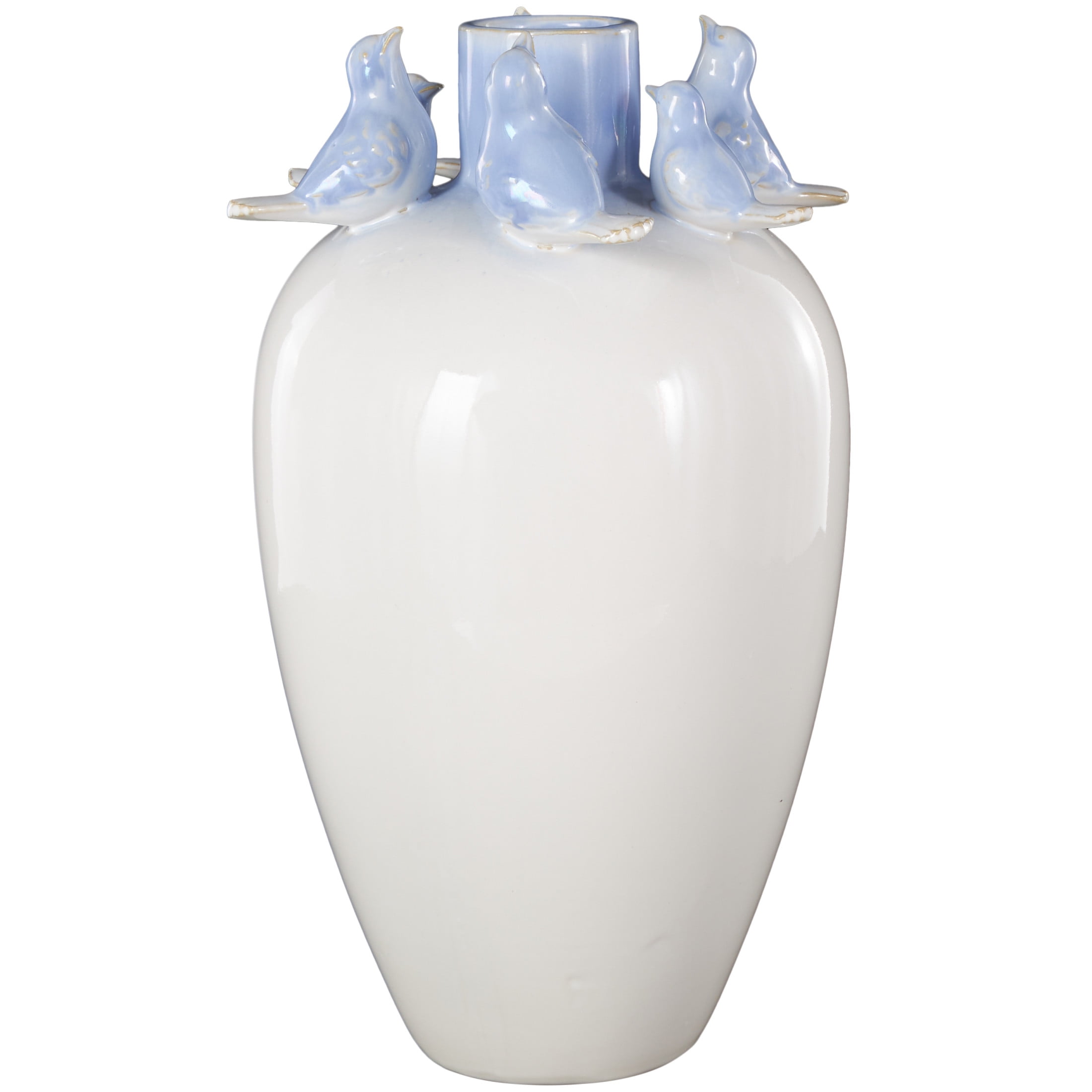 DecMode 15" Bird White Ceramic Vase with Blue Accents