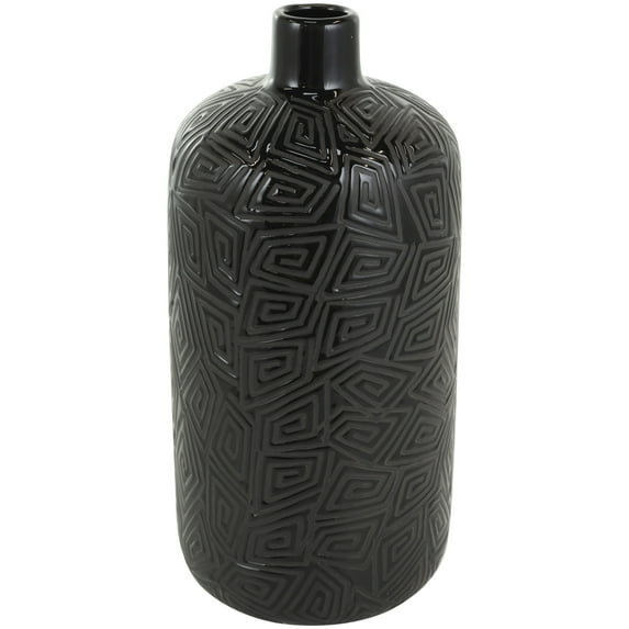 DecMode 15" Black Ceramic Vase with Geometric Etchings