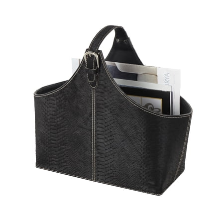 DecMode 15" Black Leather Handmade Box Style Magazine Holder with Detail Stitching and Curved Buckle Handles