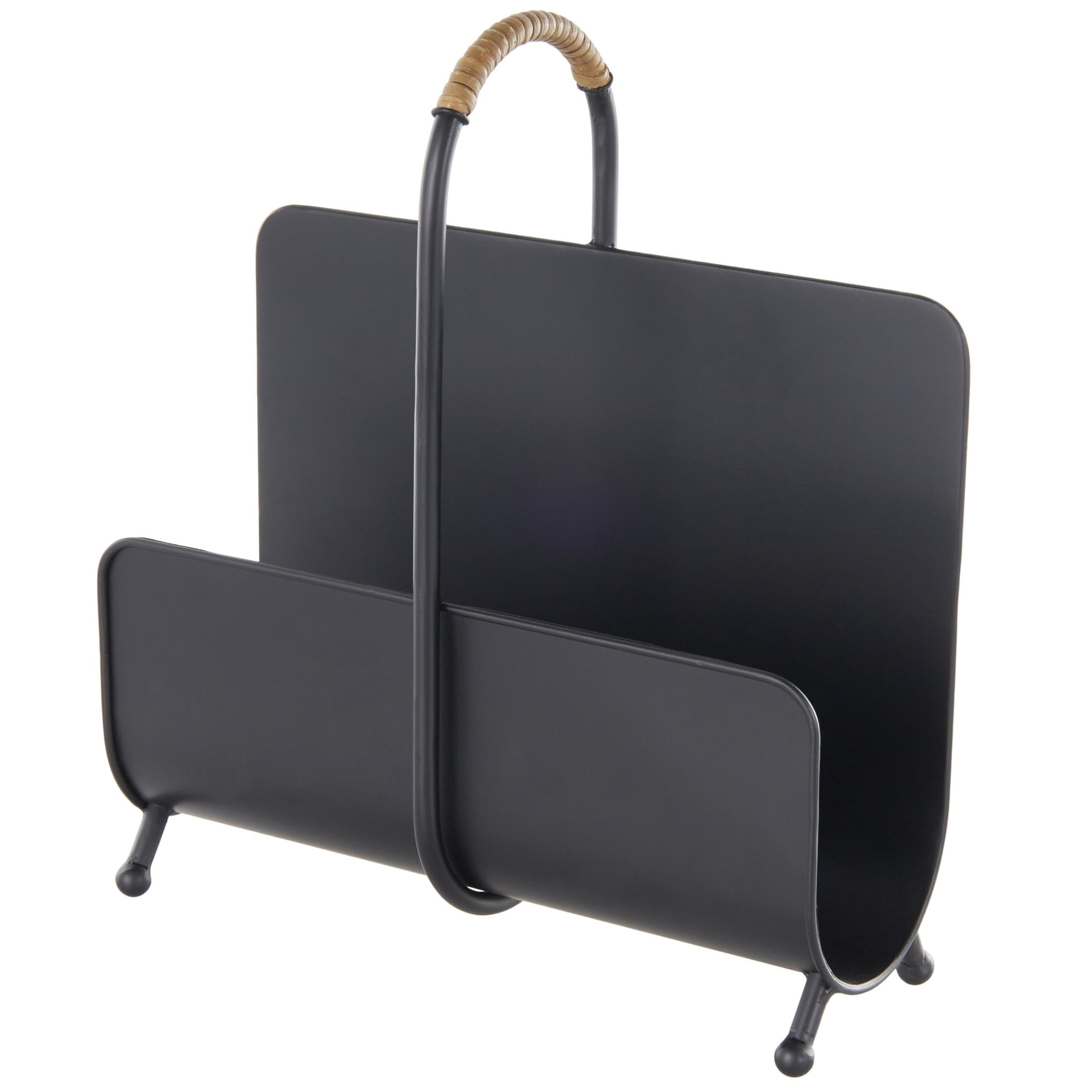 DecMode 15" Black Metal Matte Curved Magazine Holder with Rattan Loop Handle