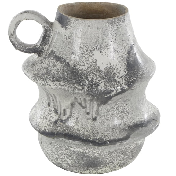DecMode 15" Distressed Fluted Light Gray Paper Mache Vase with Light Gray Texturing and Ring Handle