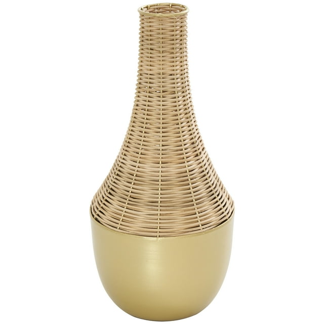 DecMode 15" Handmade Woven Brown Rattan Vase with Gold Metal Base