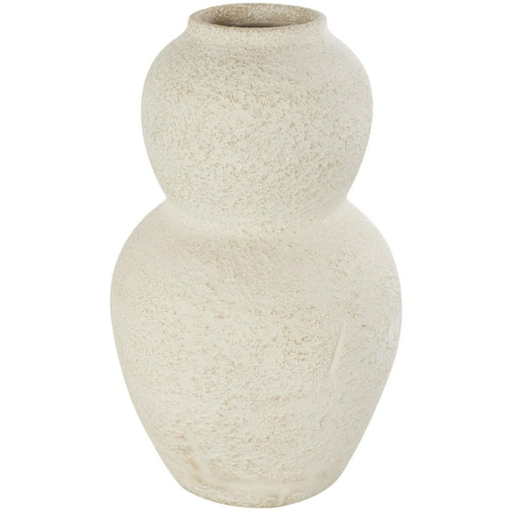 DecMode 15" Hourglass Textured Cream Ceramic Vase with Brown Distressing