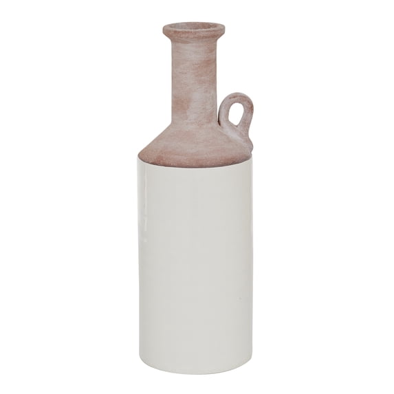 DecMode 15" White Ceramic Vase with Pink Accents