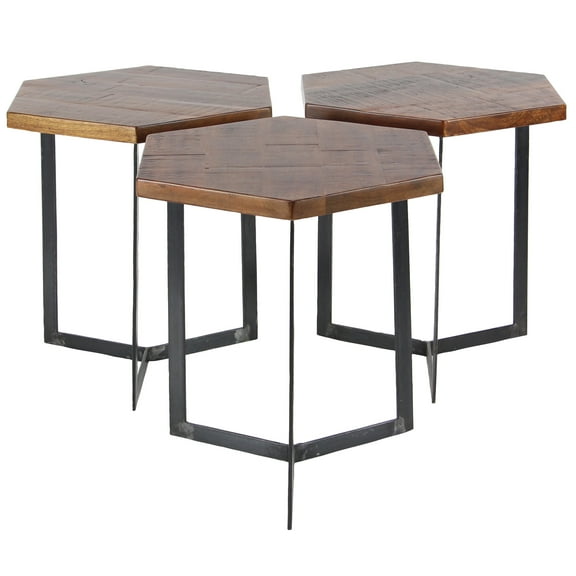 DecMode 15" x 18" Brown Mango Wood Accent Table with Black Metal Y-Shaped Bases, 3-Pieces