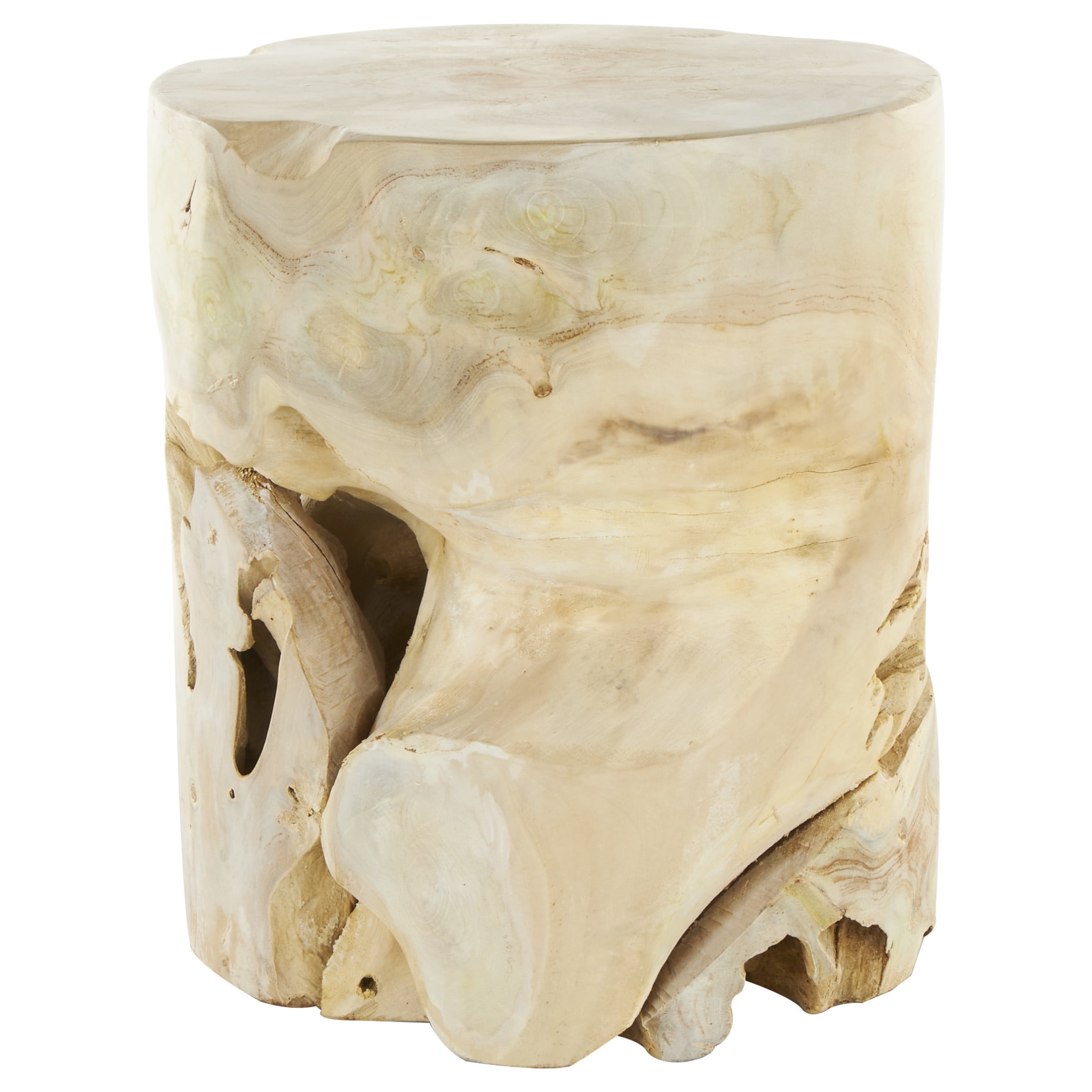 DecMode 15" x 18" Light Brown Teak Wood Handmade Live Edge Tree Stump Accent Table with Natural Cutouts, 1-Piece