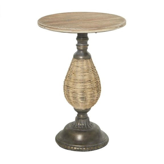 DecMode 15" x 22" Brown Wood Accent Table with Black Metal and Rattan Base, 1-Piece