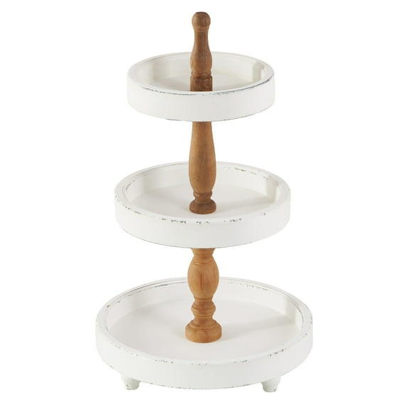 DecMode 15" x 24" White Wood 3 Tiered Server with Brown Turned Stand, 1-Piece