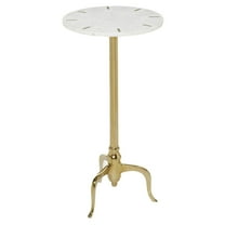 DecMode White Marble Slim Tripod Side End Accent Table with Gold Inlay and Scrolled Base, 15" x 15" x 27"