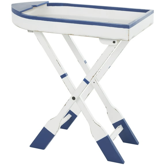 DecMode 15" x 28" White Wood Distressed Foldable Tray Top Boat Accent Table with Oar Legs and Blue Accents, 1-Piece