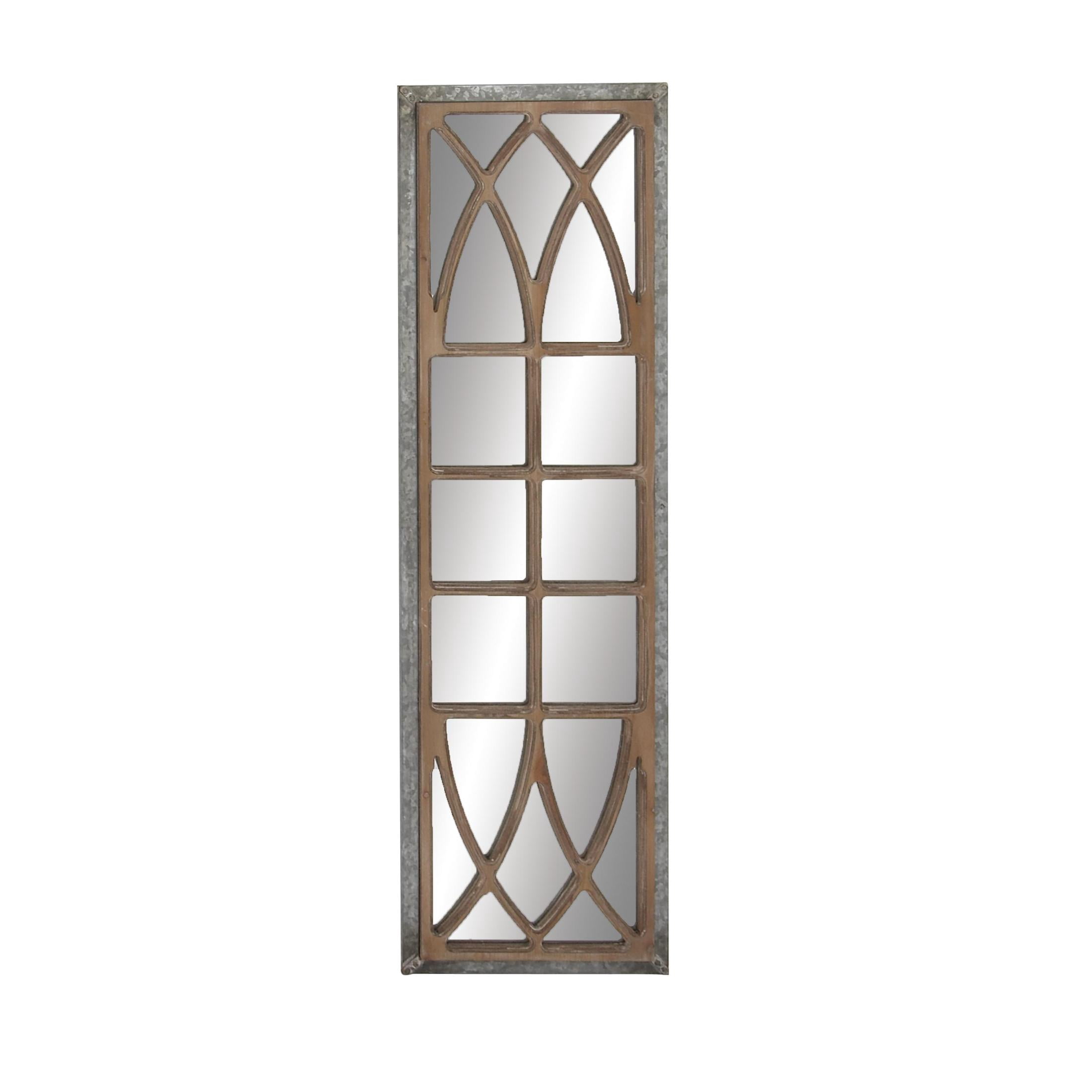 DecMode 15" x 52" Brown Window Pane Inspired Panel Geometric Wall Mirror with Galvanized Metal Frame