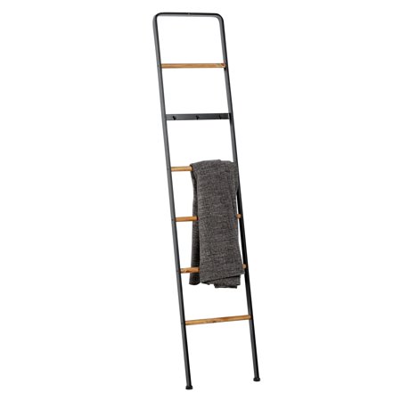 DecMode 15" x 72" Black Metal Slim 3 Hook Ladder with 5 Brown Wood Rungs, 1-Piece